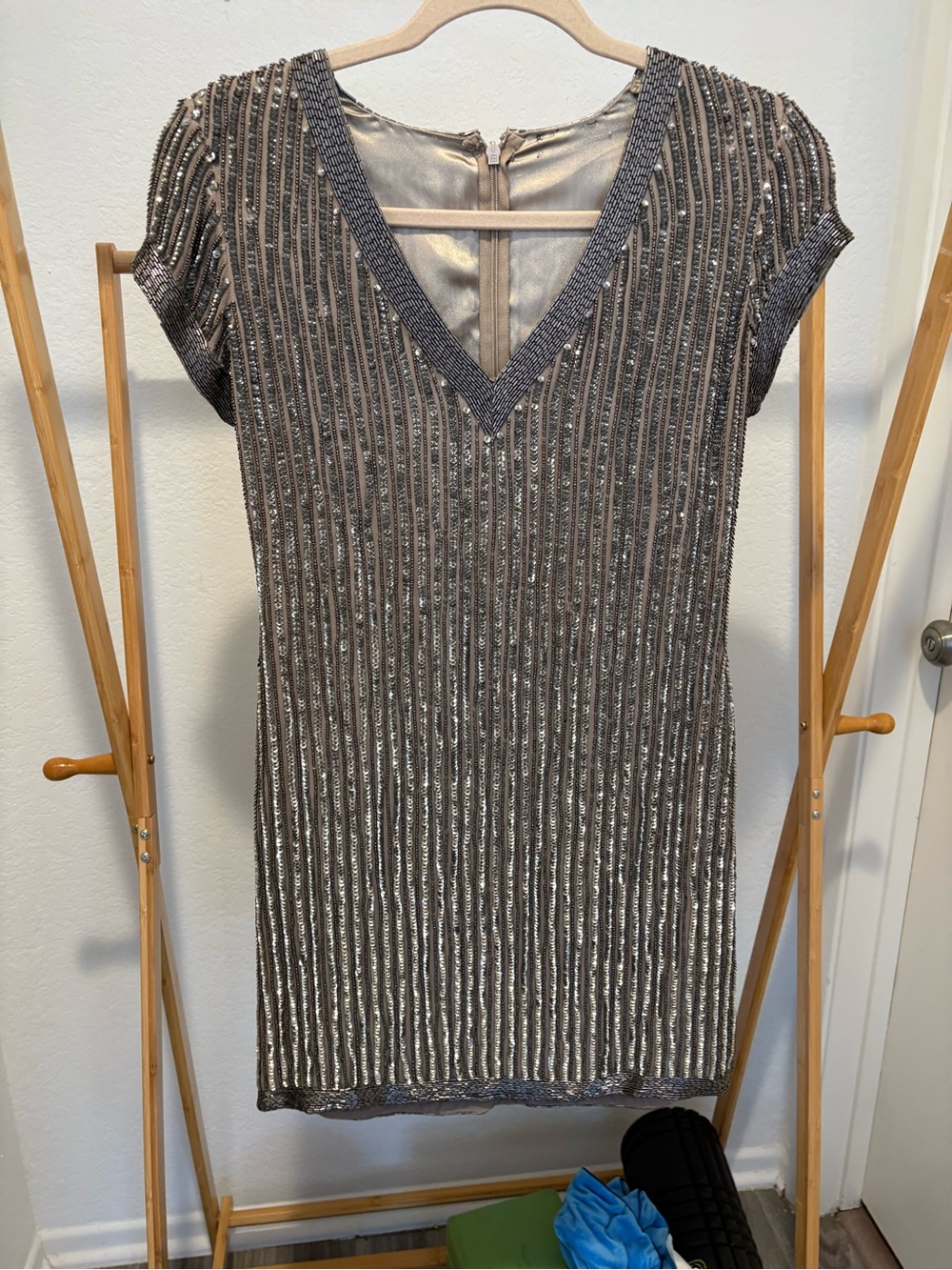 Beaded V-Neck Cocktail Dress in Metallic Taupe